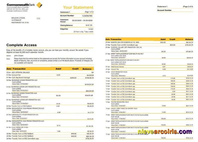 Australia Commonwealth bank statement in Word and PDF format (3 pages), version 2